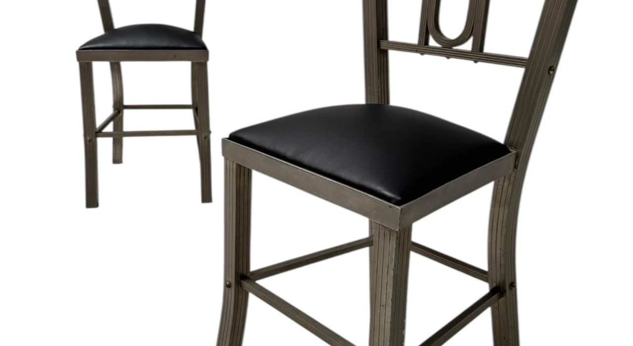 Two French Art Deco Side Chairs with Black Leather Seats, 1930s